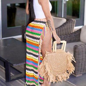 Fringe Trim Split Thigh Knit Skirt